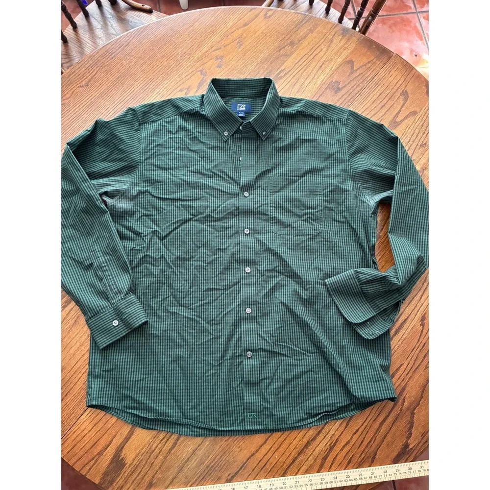 Cutter & Buck Mens XL Green Gingham Check Stretch Long Sleeve Button Down Shirt